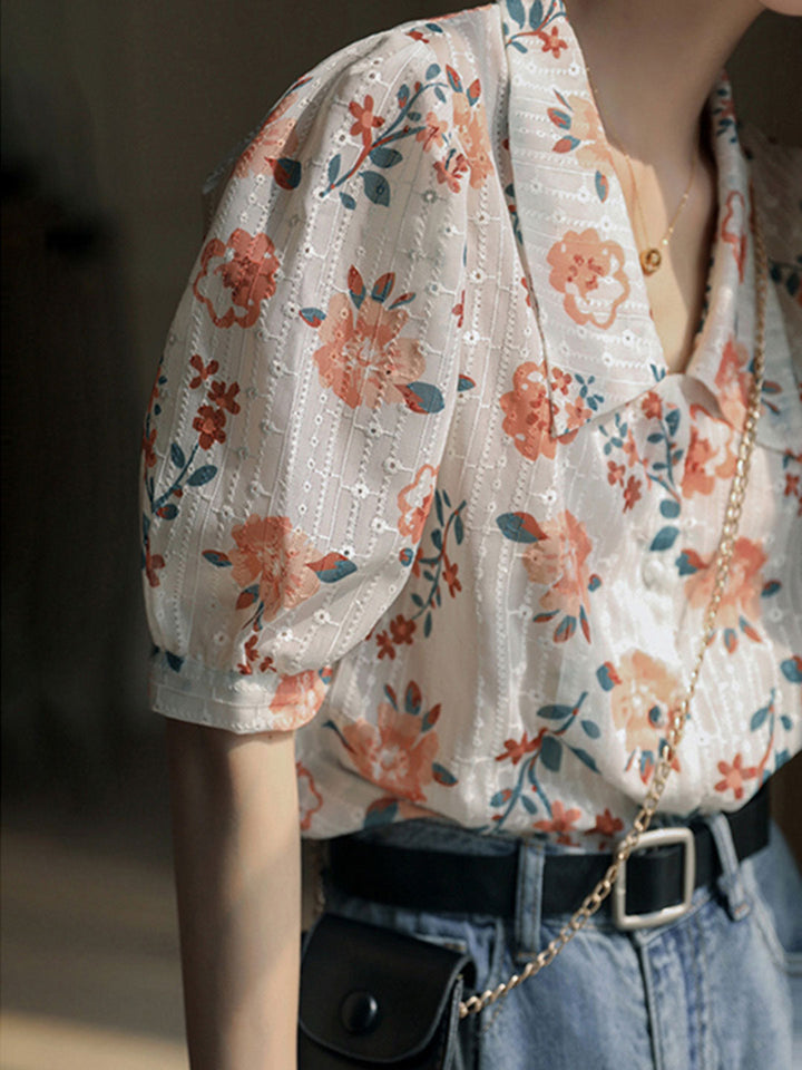 Sophia Retro Chiffon Embroidered Blouse-Orange