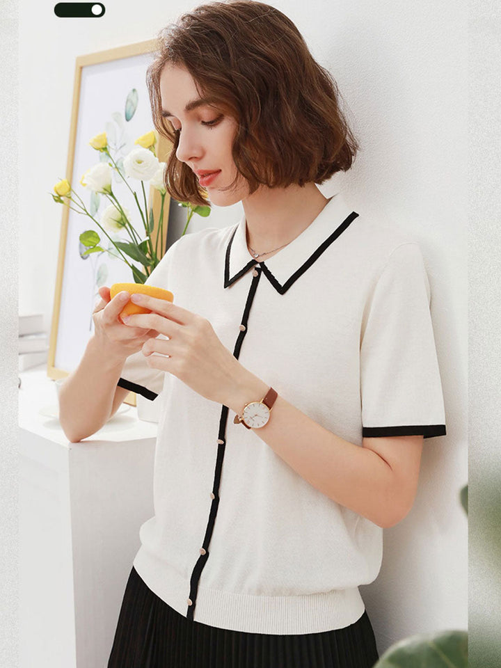 Ava Classic Contrast Lapel Knitted Top