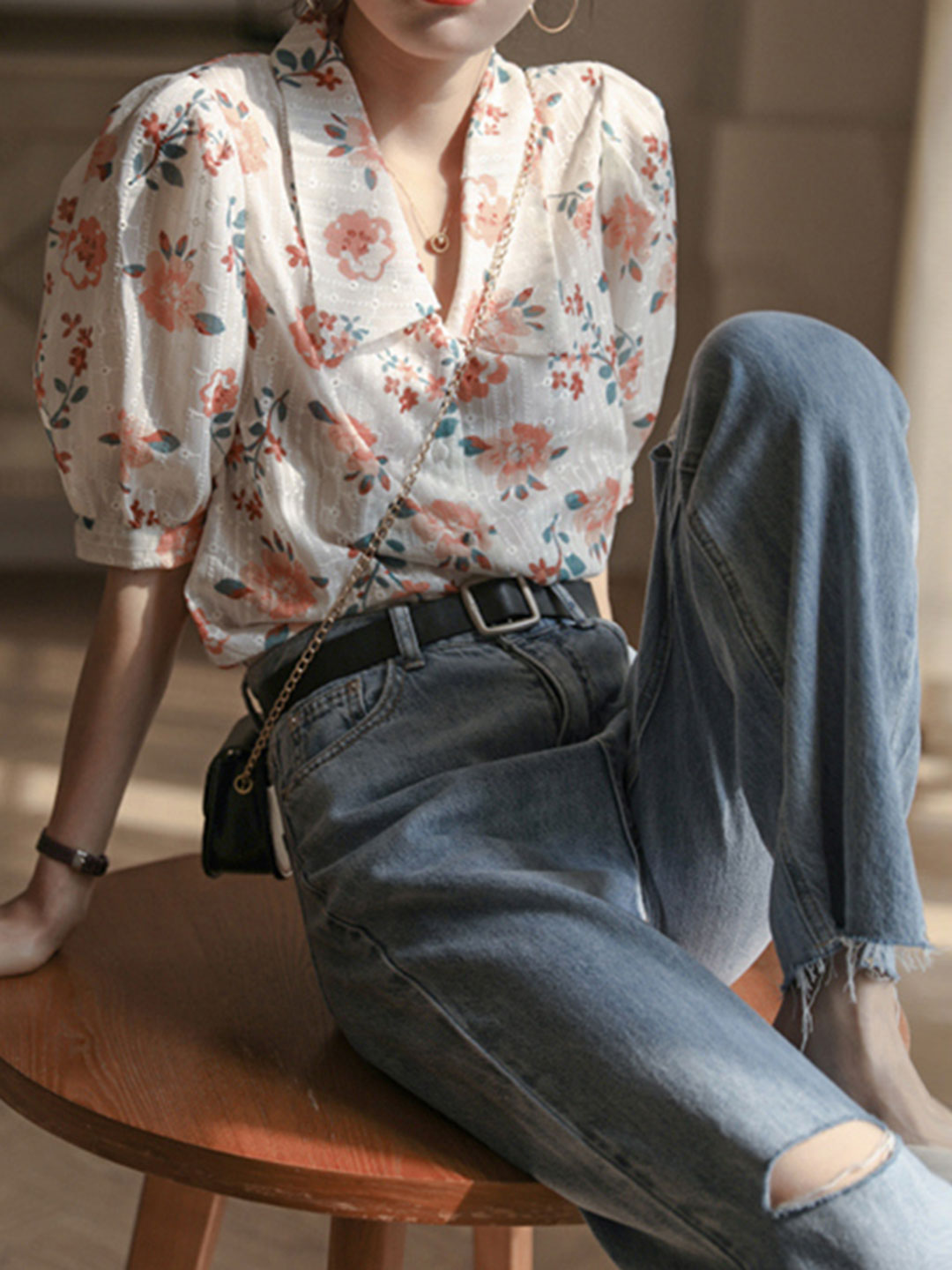 Sophia Retro Chiffon Embroidered Blouse-Orange