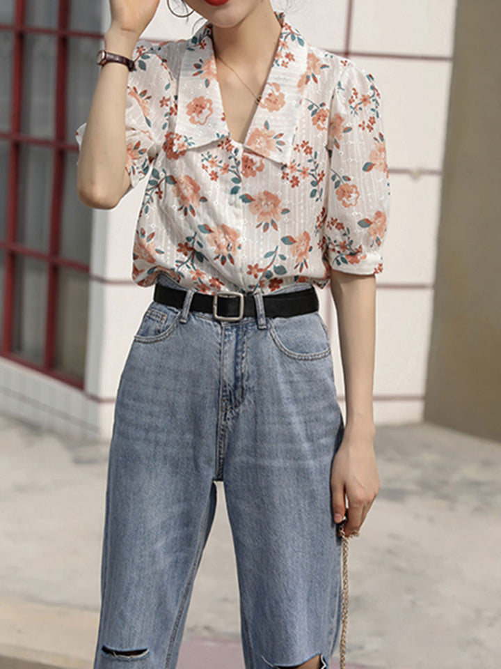 Sophia Retro Chiffon Embroidered Blouse-Orange