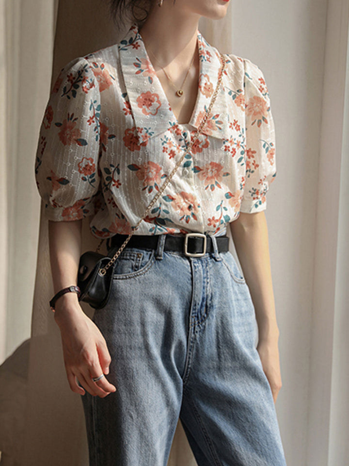 Sophia Retro Chiffon Embroidered Blouse-Orange