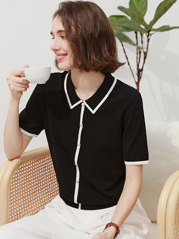 Ava Classic Contrast Lapel Knitted Top-White