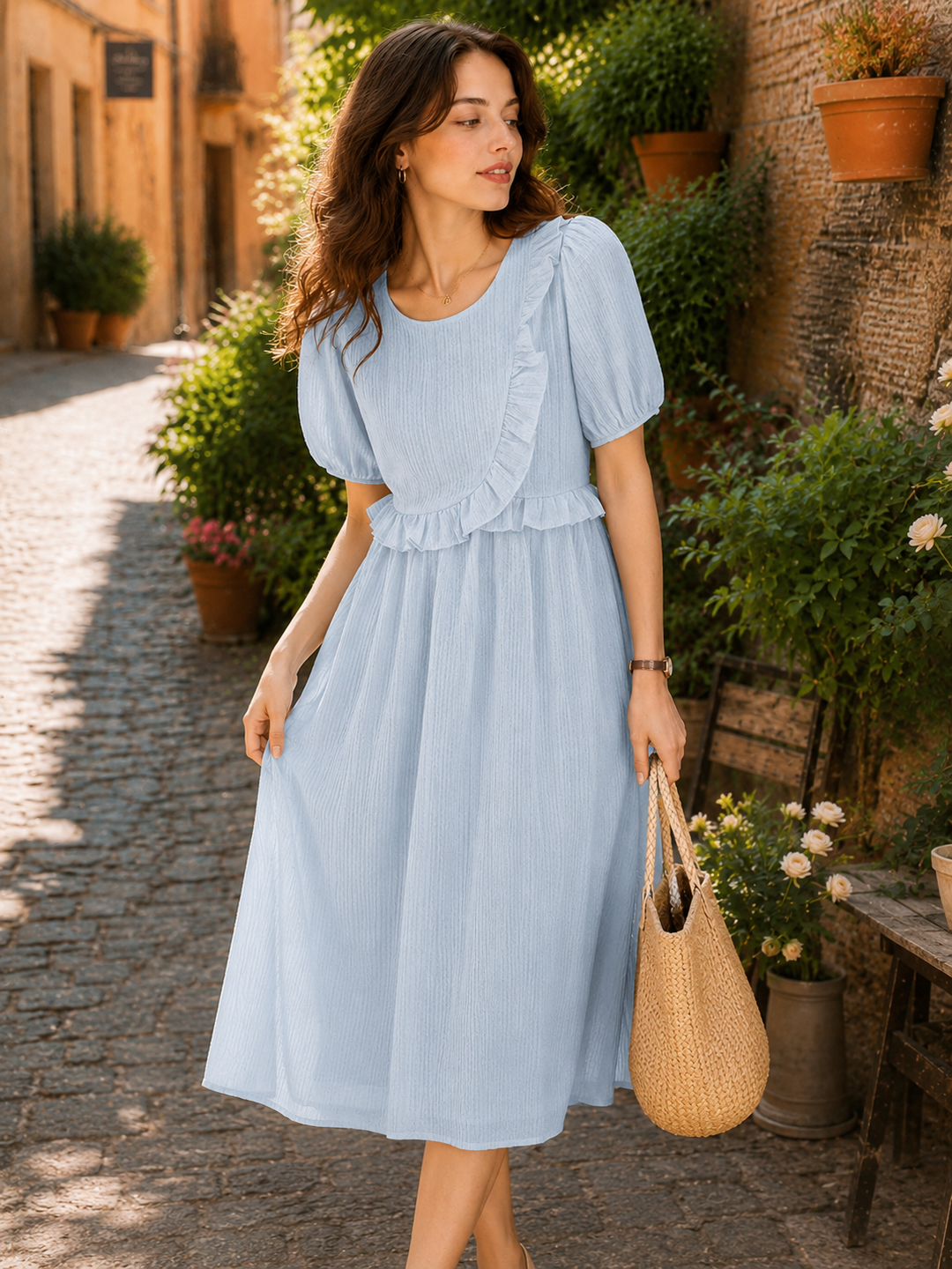 Rachel Vintage Crew Neck Ruffle Dress