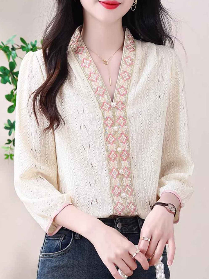 Evelyn Classic V-Neck Embroidered Blouse