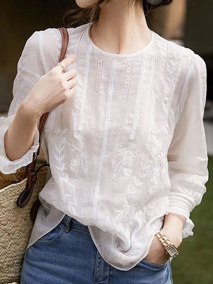 Claire Retro Crew Neck Solid Color Embroidered Hollowed Top