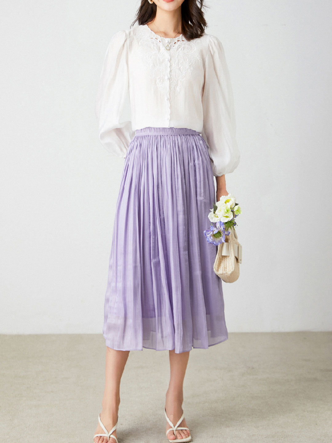 Jocelyn Elegant Embroidered Lantern Sleeve Shirt-Khaki
