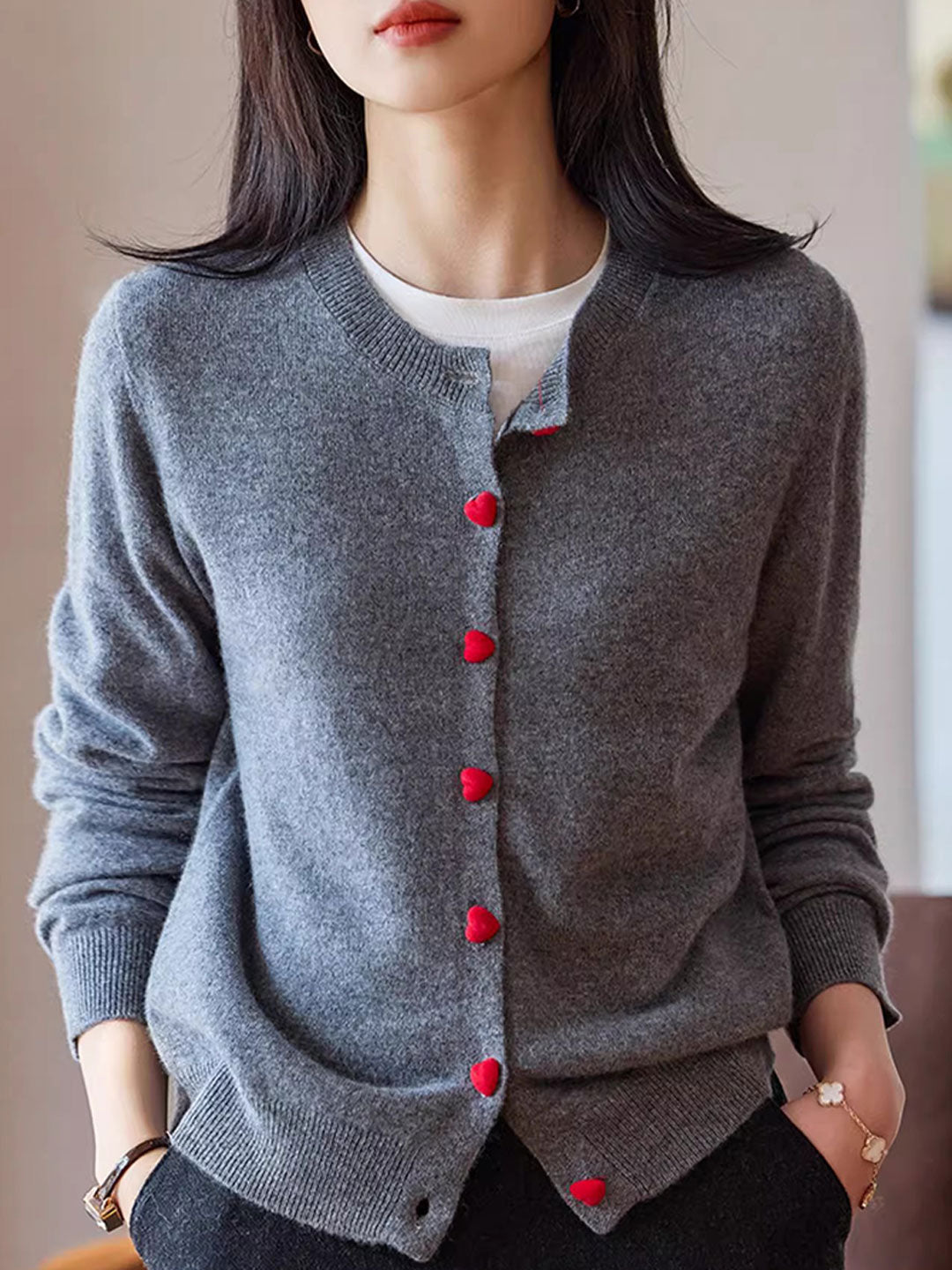 Raya Elegant Crew Neck Heart Button Knitted Cardigan-Pink