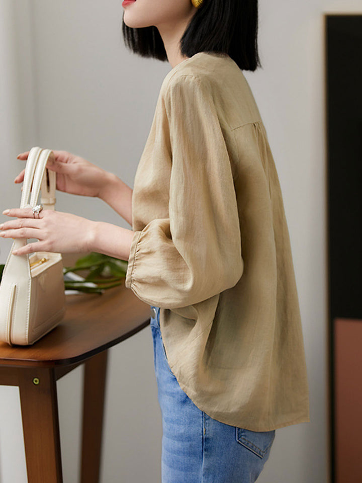 Molly Elegant Puff Sleeve Loose Shirt-Green