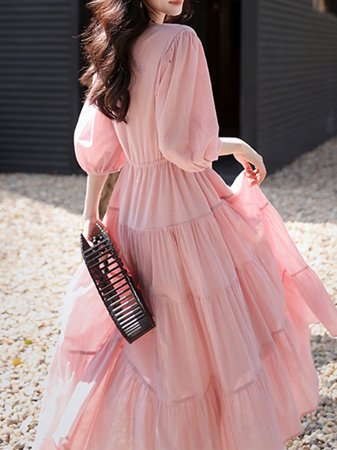 Olivia Retro V-neck Solid Color Dress