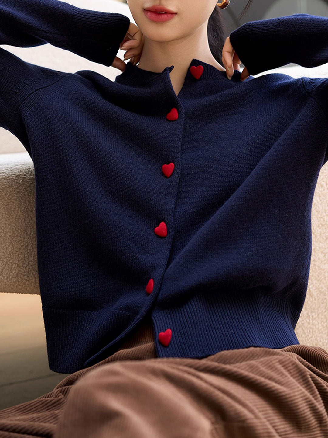 Raya Elegant Crew Neck Heart Button Knitted Cardigan-Pink