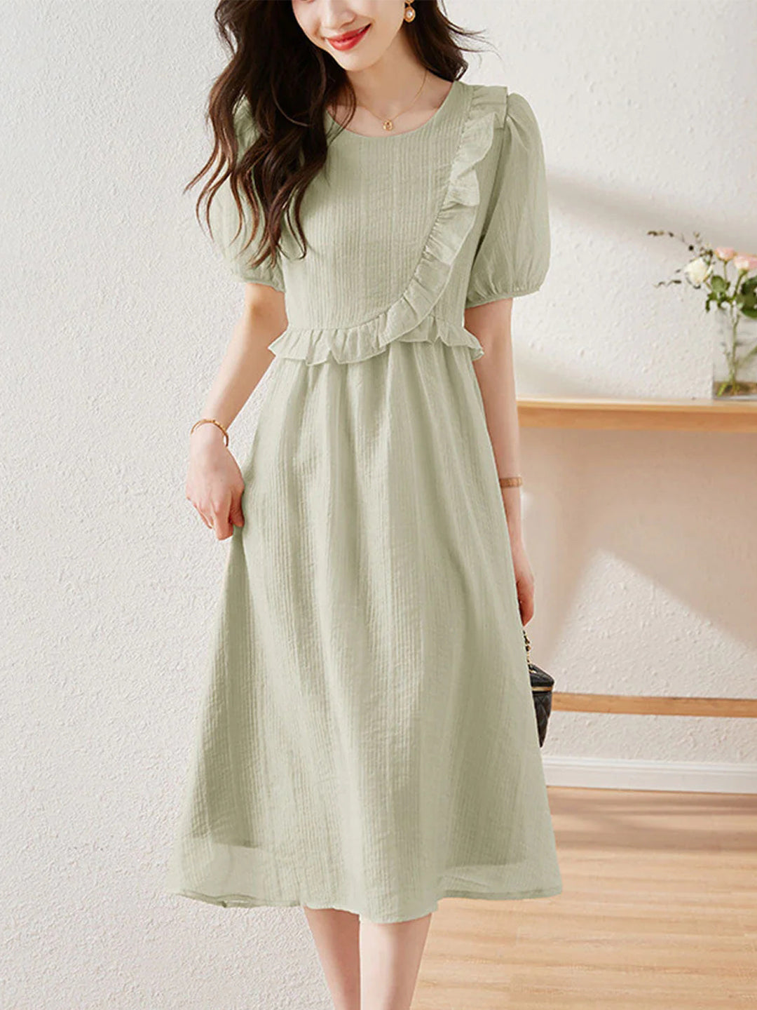Rachel Vintage Crew Neck Ruffle Dress