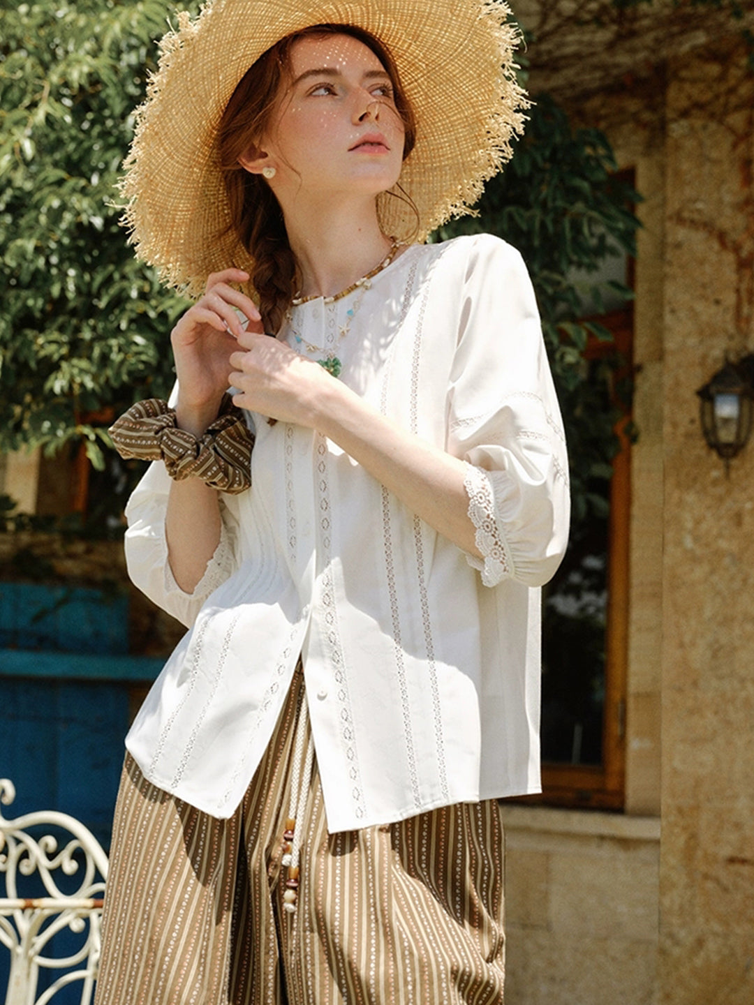 Riley Classic Crew Neck Lantern Sleeve Hollowed Lace Top