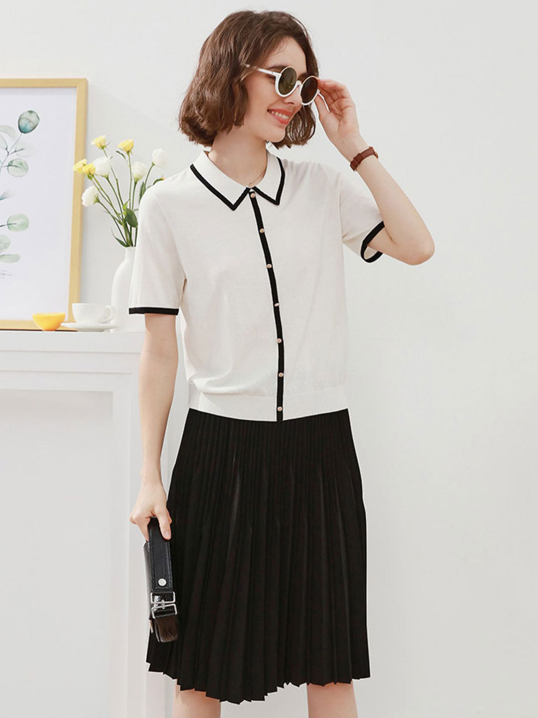 Ava Classic Contrast Lapel Knitted Top