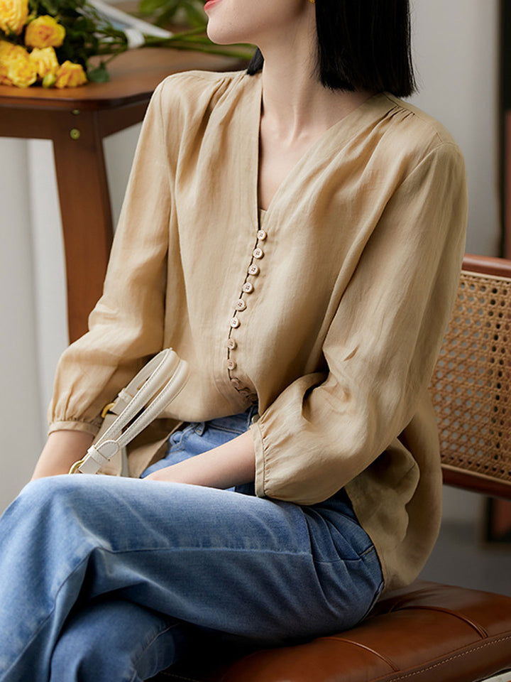 Molly Elegant Puff Sleeve Loose Shirt-Green