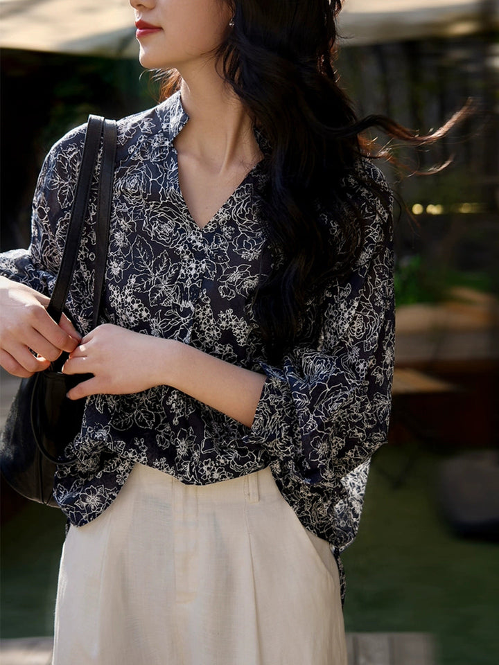 Bella Elegant V-Neck Lantern Sleeve Floral Printed Top