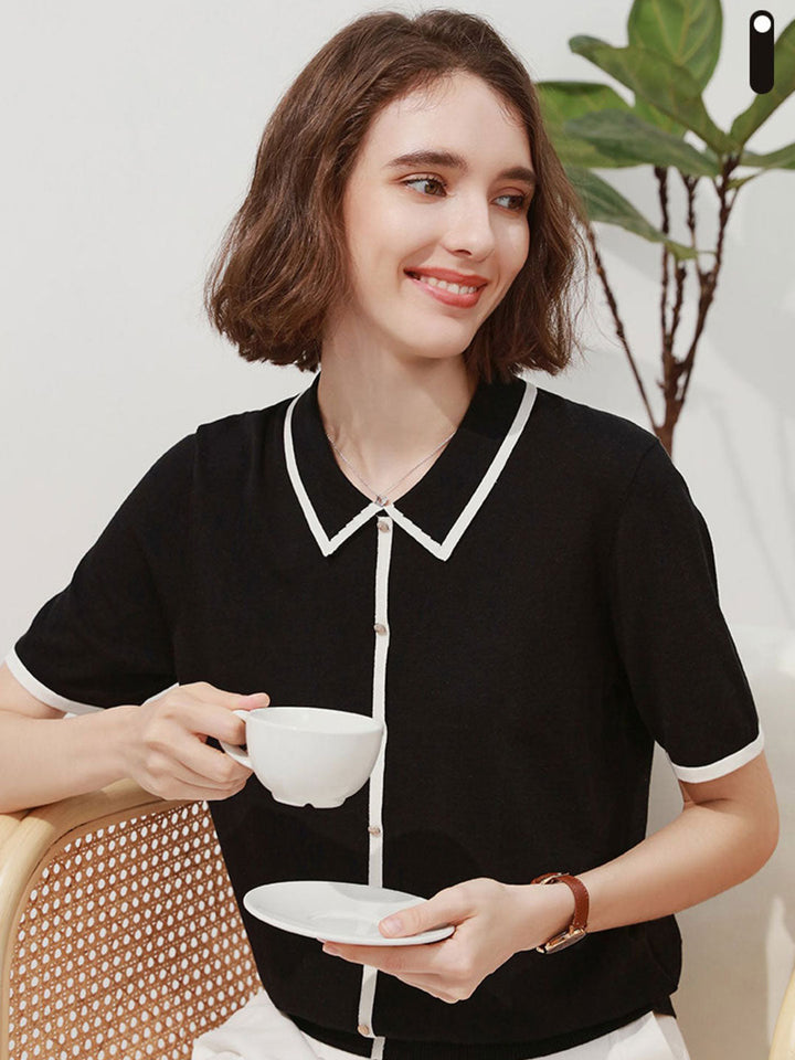Ava Classic Contrast Lapel Knitted Top