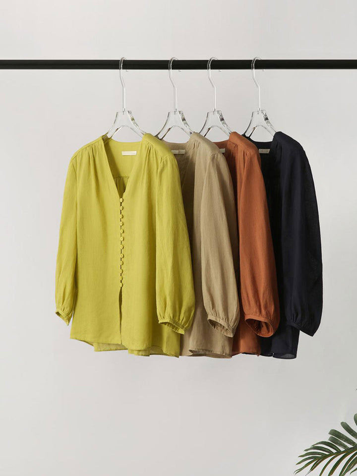 Molly Elegant Puff Sleeve Loose Shirt-Khaki