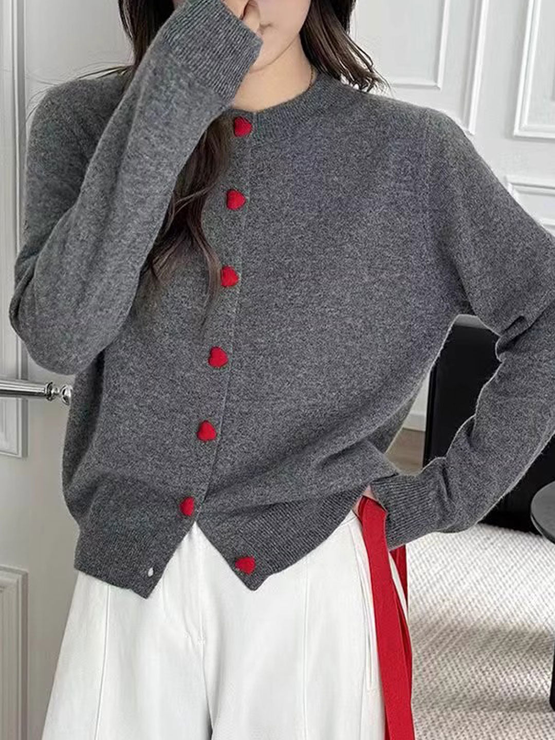 Raya Elegant Crew Neck Heart Button Knitted Cardigan-Pink
