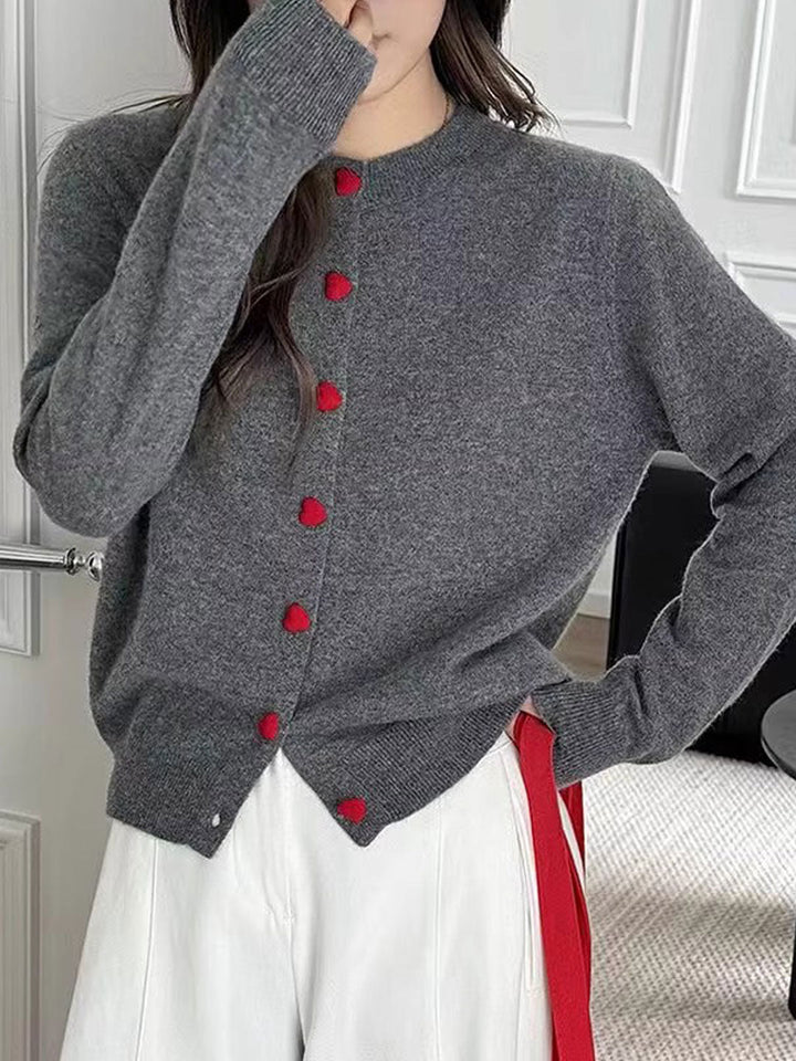 Raya Elegant Crew Neck Heart Button Knitted Cardigan-Pink