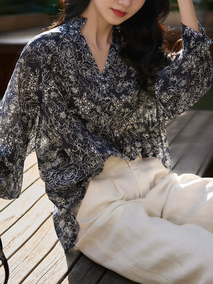Bella Elegant V-Neck Lantern Sleeve Floral Printed Top