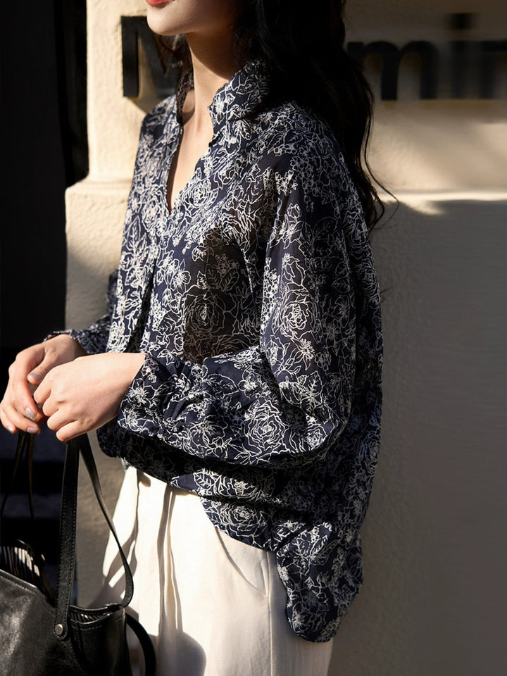 Bella Elegant V-Neck Lantern Sleeve Floral Printed Top