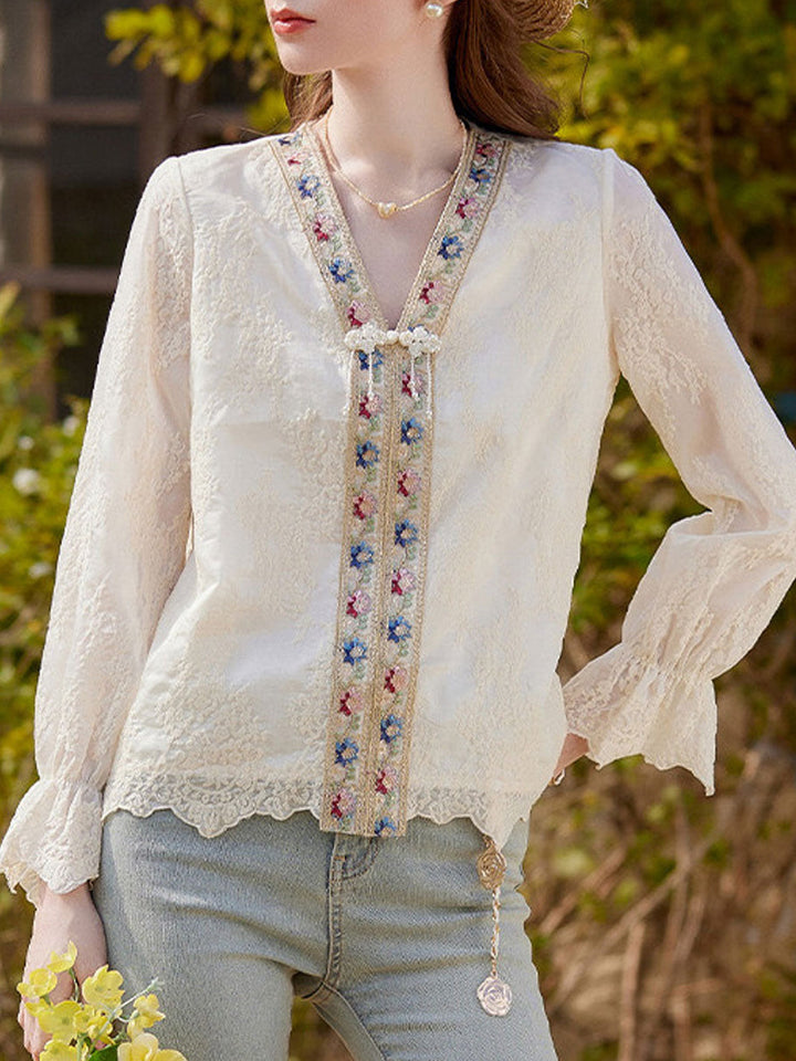 Sofia Retro V-Neck Color-Blocked Embroidered Shirt
