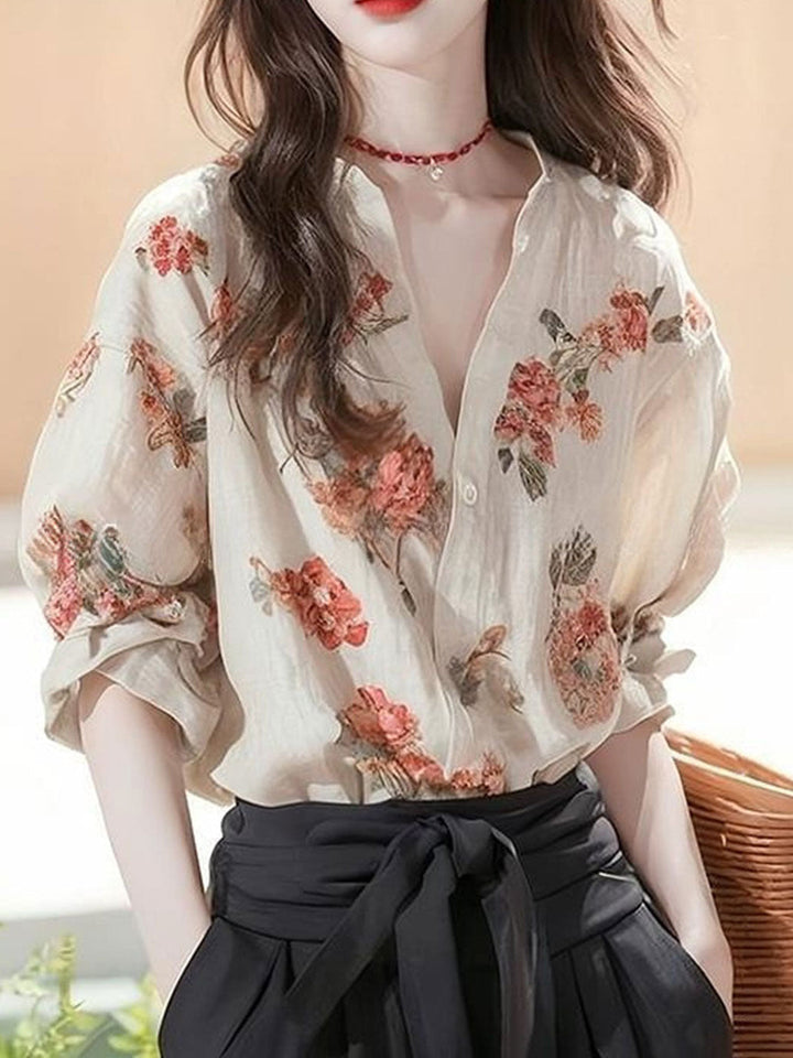 Mia Chic V-Neck Floral Printed Blouse