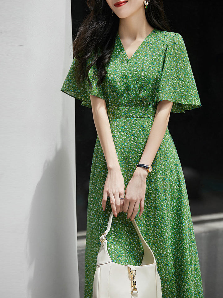 Grace Retro V-neck Floral Panel Tie Dress