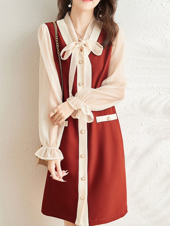 Lauren Elegant Paneled Puff Sleeve Pearl Button Dress