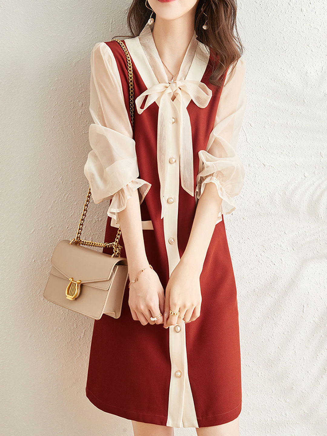 Lauren Elegant Paneled Puff Sleeve Pearl Button Dress