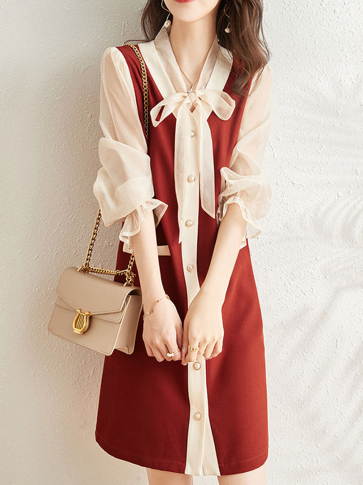Lauren Elegant Paneled Puff Sleeve Pearl Button Dress