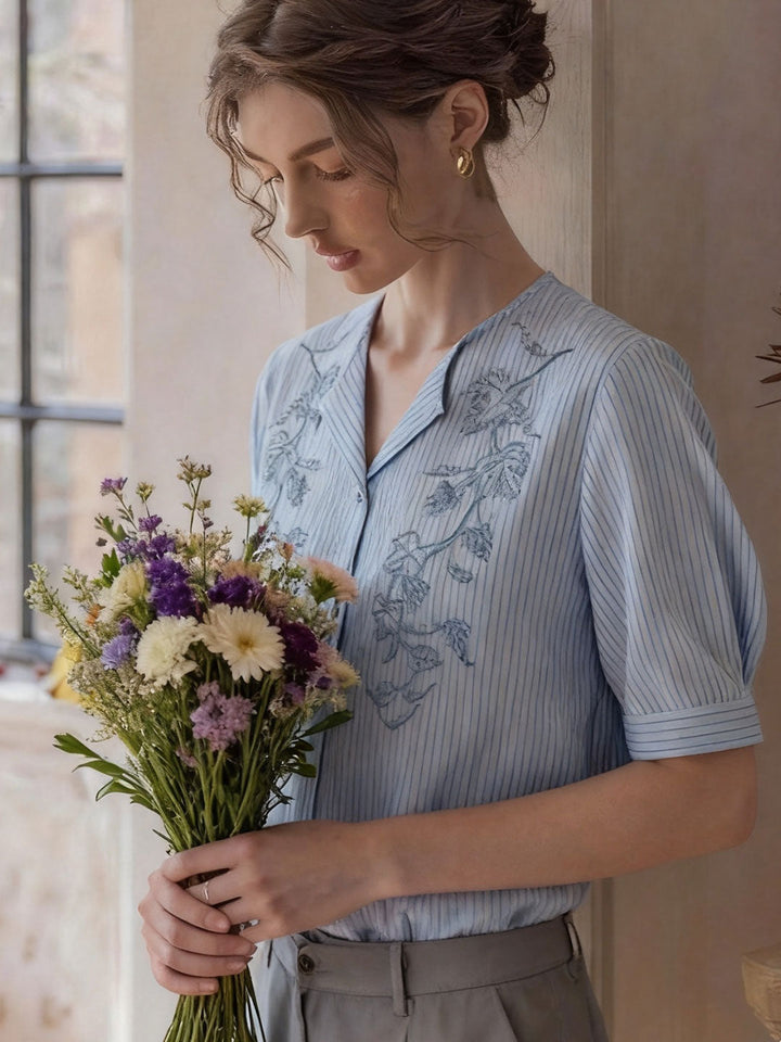 Anna Retro Lapel Embroidered Striped Top