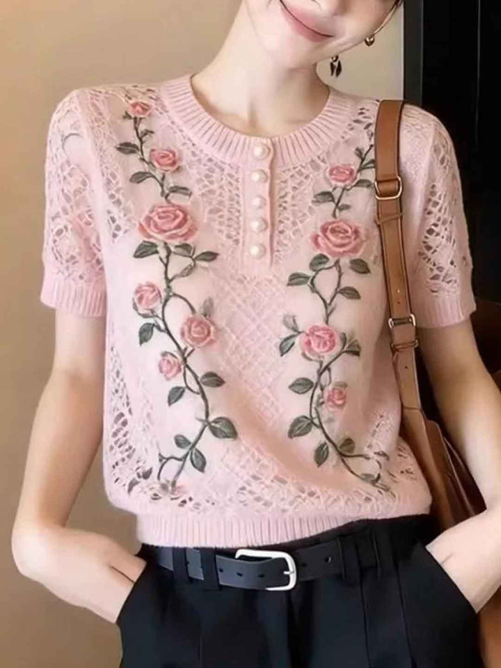Aubrey Daily Crew Neck Rose Printed Knitted Top