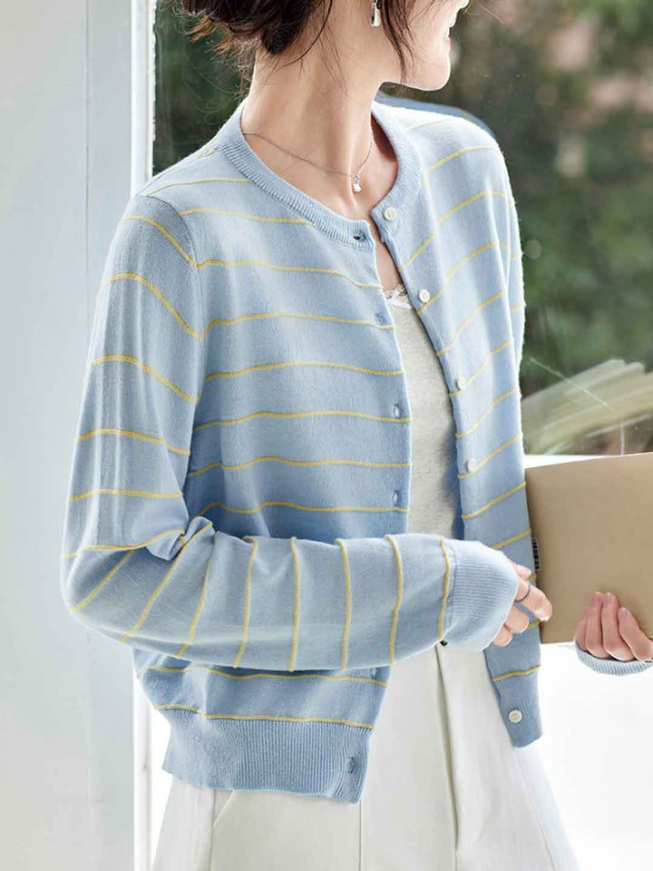 Abigail Classic Crew Neck Striped Knitted Cardigan
