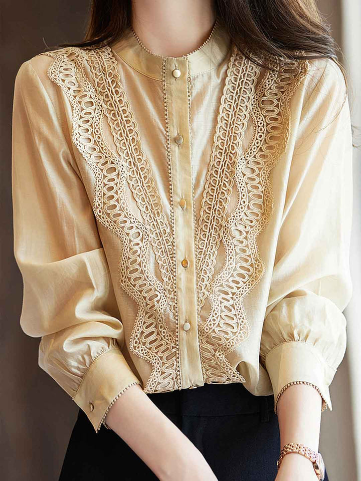 Evelyn Classic Stand-Up Collar Lace Trim Top