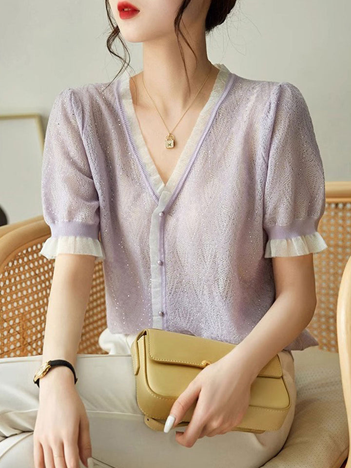 Kayla Elegant V-neck Auricular Knitted Sweater-Purple
