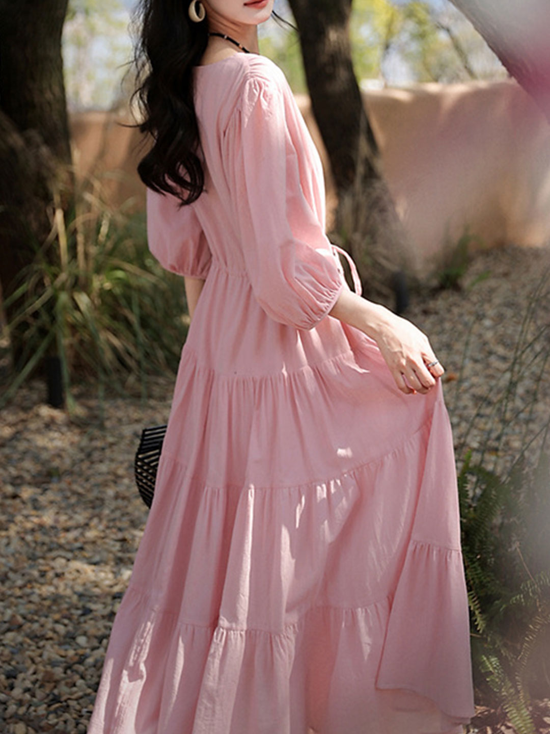 Olivia Retro V-neck Solid Color Dress