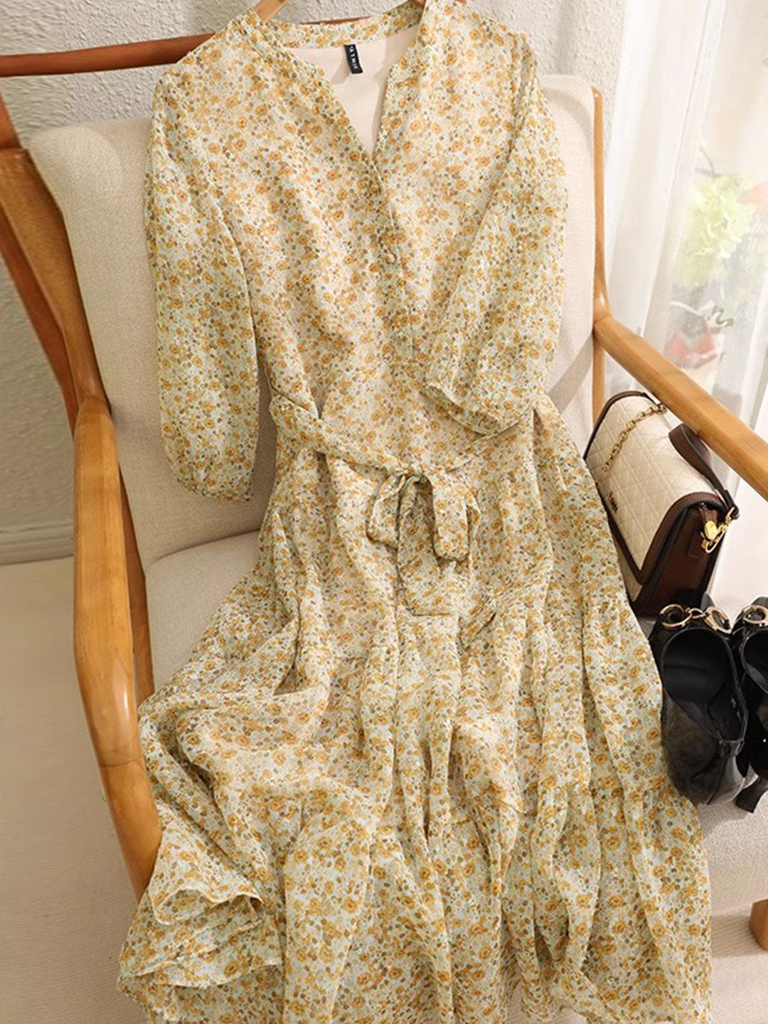Alexis Vintage Ruffle Floral Chiffon Maxi Dress-Yellow