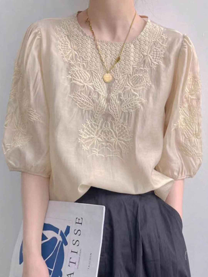 Ava Retro Crew Neck Puff Sleeve Embroidered Top