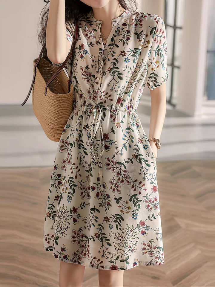 Faith V-Neck Printed Drawstring Chiffon Dress