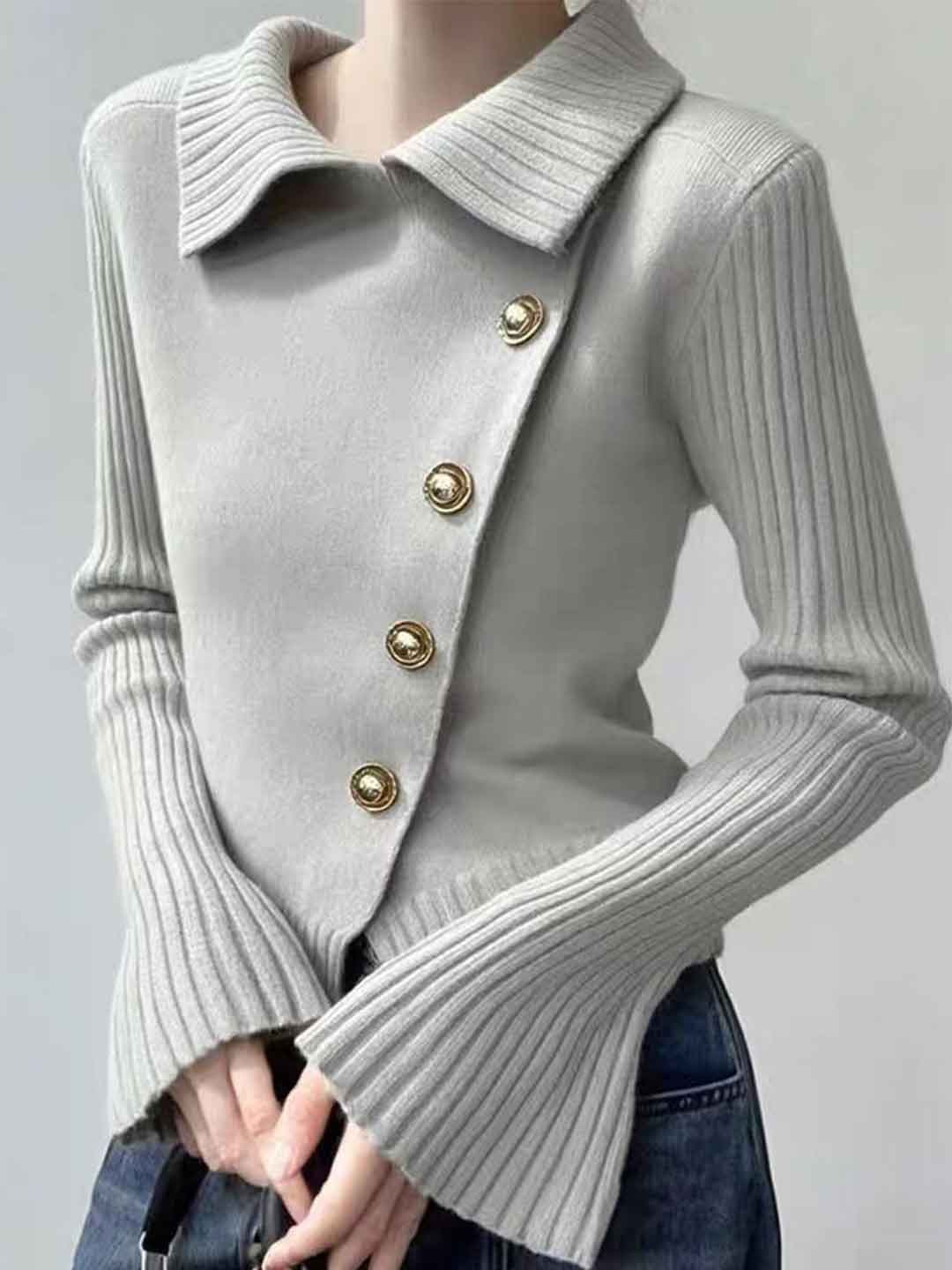 Lauren Classic Lapel Diagonal Buttons Knitted Sweater