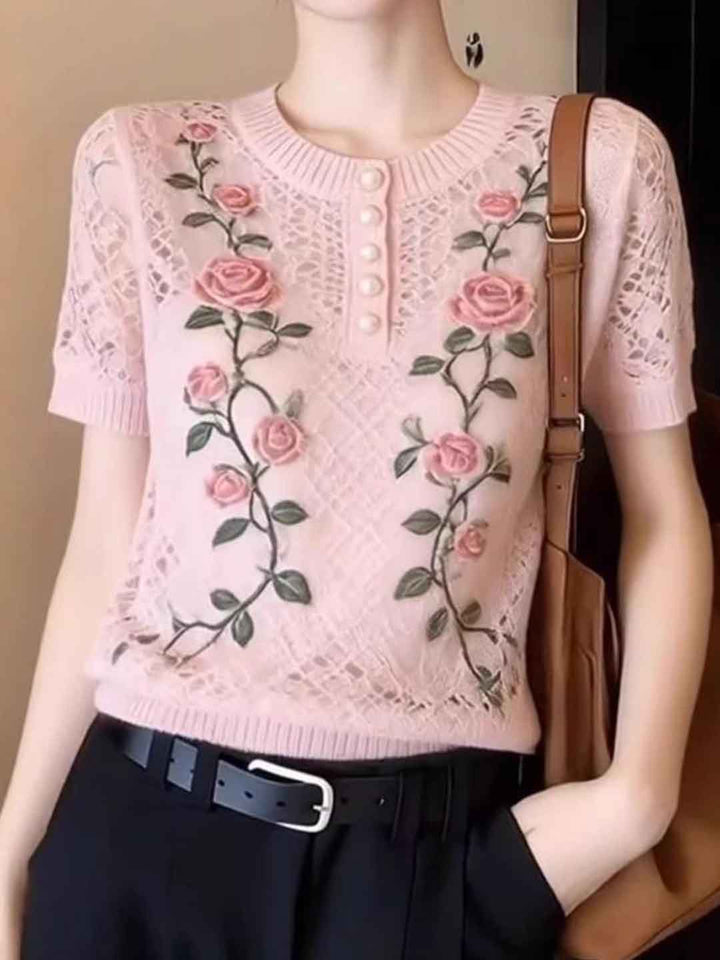 Aubrey Daily Crew Neck Rose Printed Knitted Top