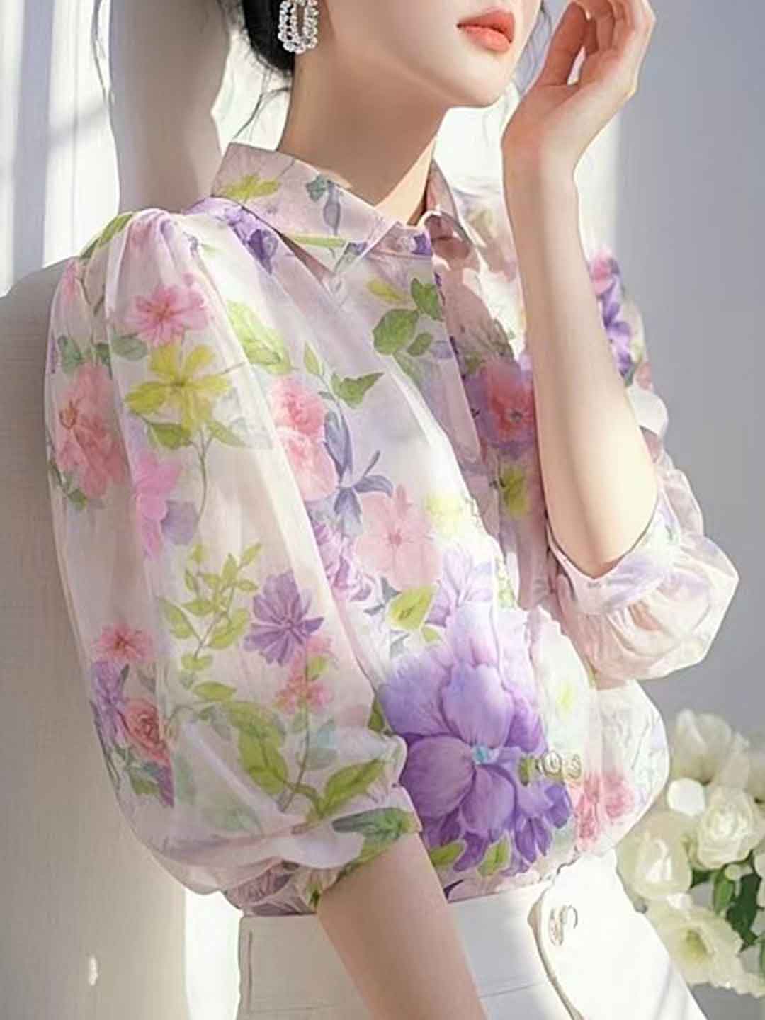 Riley Lapel Floral Printed Chiffon Blouse