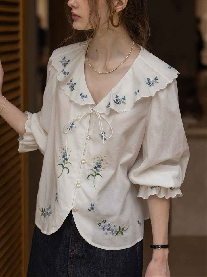 Brianna Vacation Ruffled Collar Embroidered Top