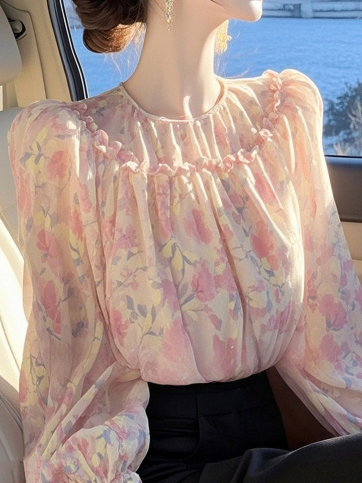 Ava Vacation Crew Neck Floral Pullover Blouse