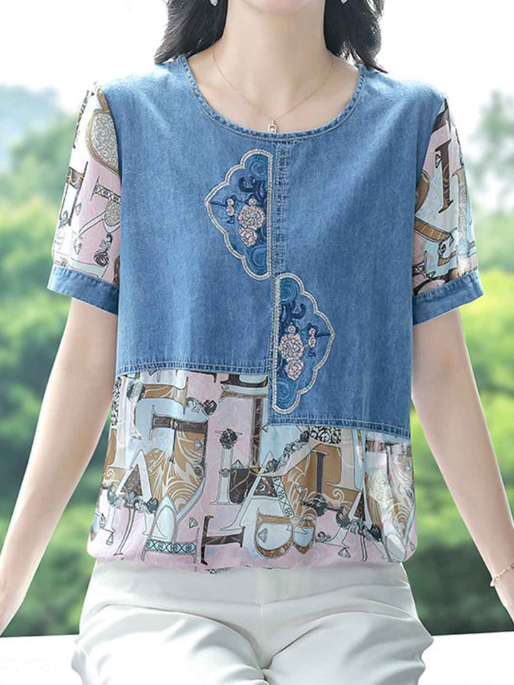 Olivia Loose Crew Neck Embroidered Denim Top
