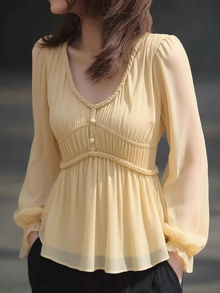 Sophia Daily V-Neck Puff Sleeve Chiffon Top