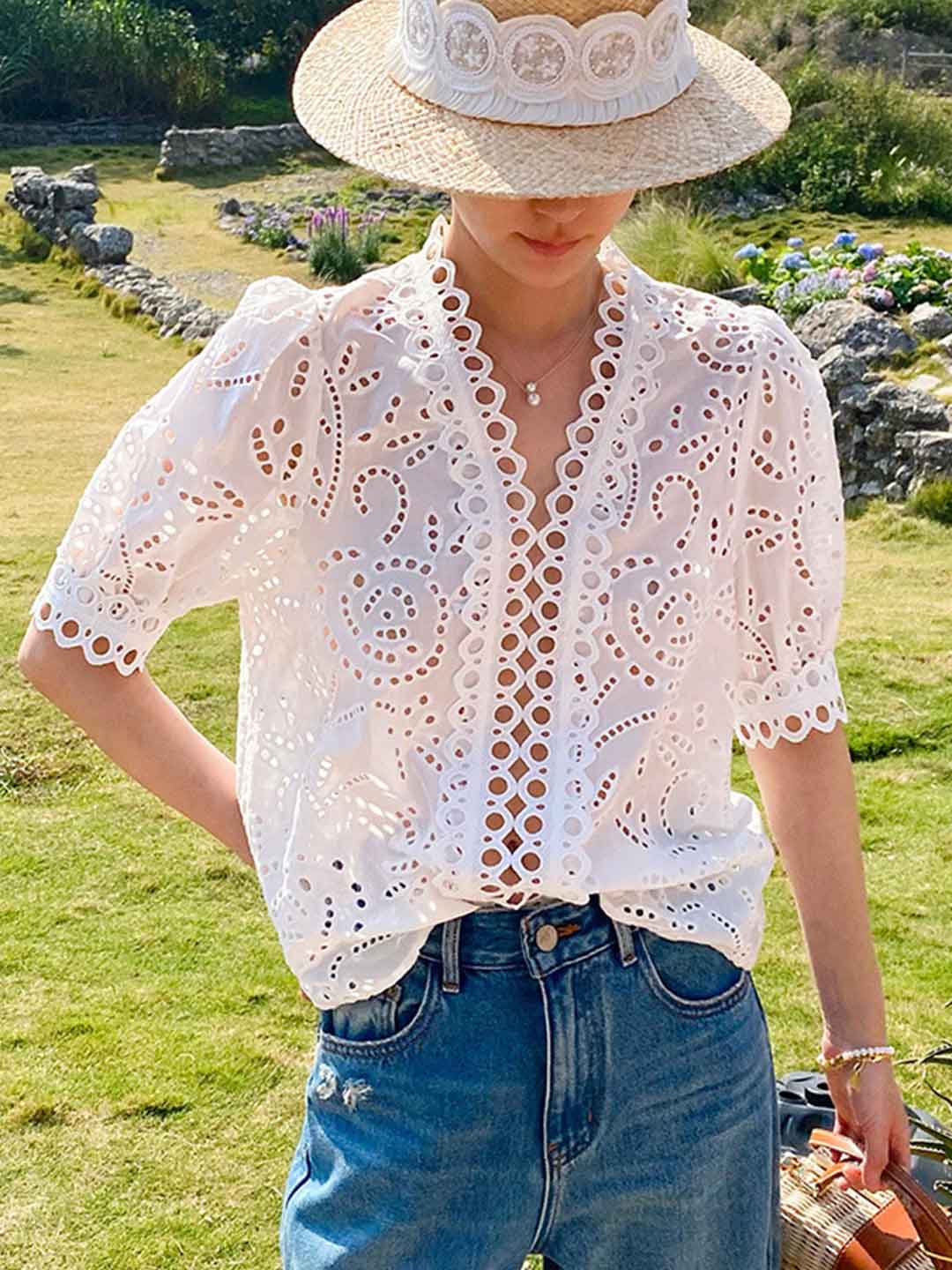 Claire Classic V-neck Embroidered Top