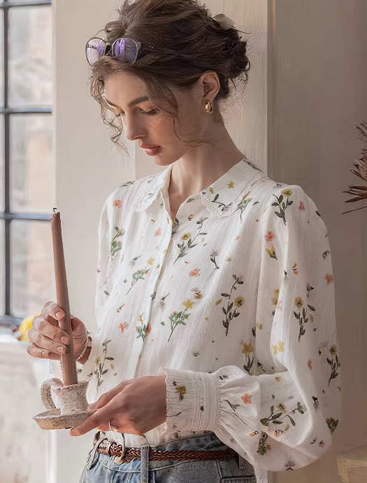 Valeria Classic Lapel Embroidered Floral Shirt
