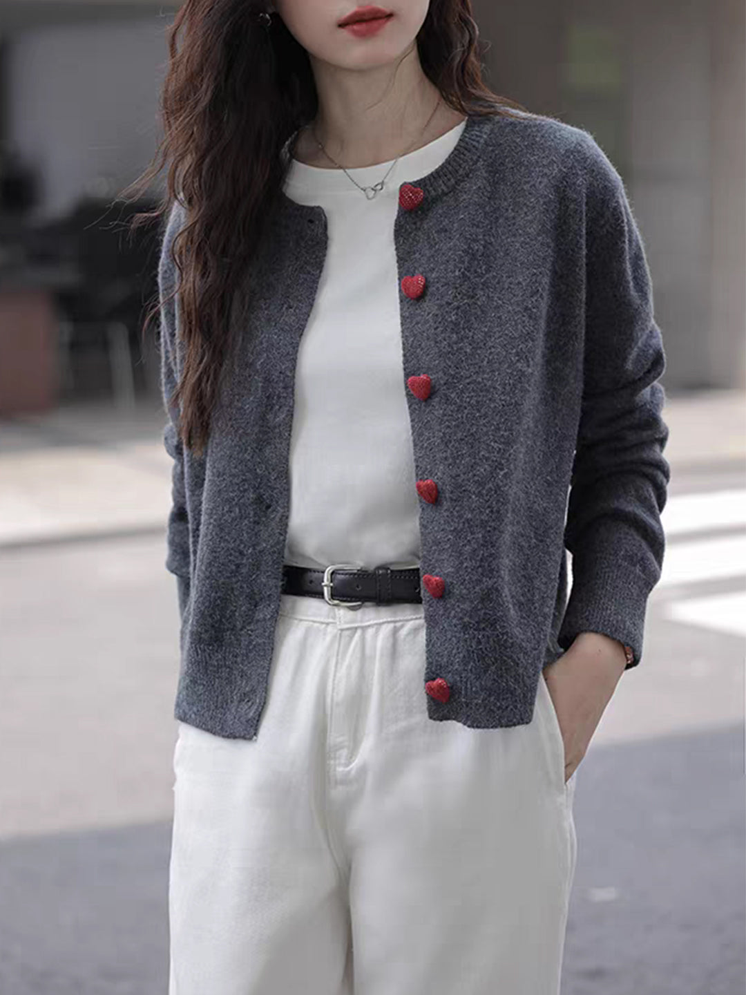 Raya Elegant Crew Neck Heart Button Knitted Cardigan-Pink
